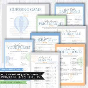 Hot Air Balloon Up Away Theme Printable Baby Shower Game Card Word Puzzle Name Song