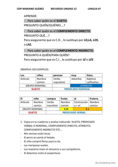 Complemento Directo E Indirecto Pr C Espa Ol Ele Hojas De Trabajo Pdf