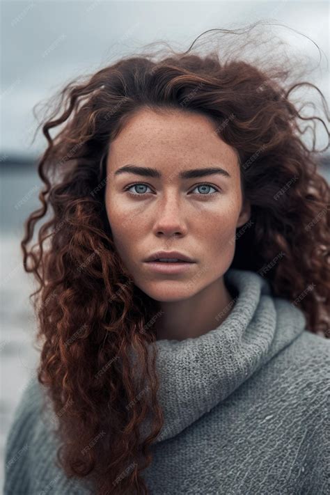 Premium Photo Arafed Woman With Curly Hair And Blue Eyes Standing On