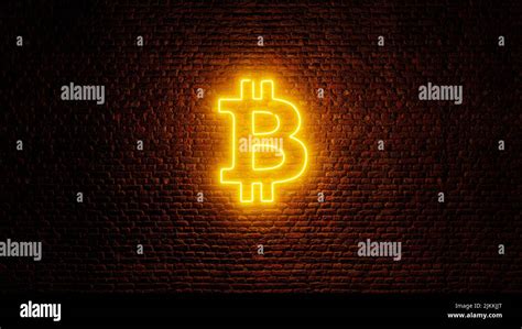 Neon Bitcoin Crypto Currency Icon Brick Wall Background Blockchain