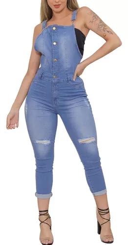 Macacão Jeans Feminino Lycra Jardineira Moda Blogueira