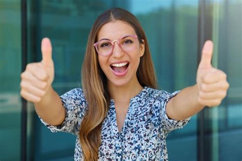 Premium Photo Happy Smiling Business Woman With Glasses Looks Up Copy