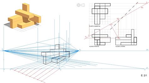 Perspectiva Cónica de 2 Puntos de Fuga a partir de las Proyecciones
