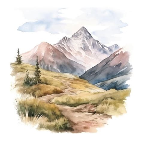 Premium Photo Watercolor Painting Of Mountain Scene On The White