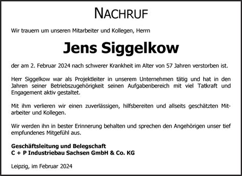 Traueranzeigen Von Jens Siggelkow Abschied Nehmen De