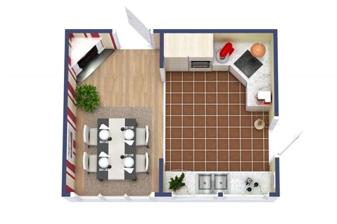 Kitchen Floor Plan With Cozy Dining Area and Fireplace