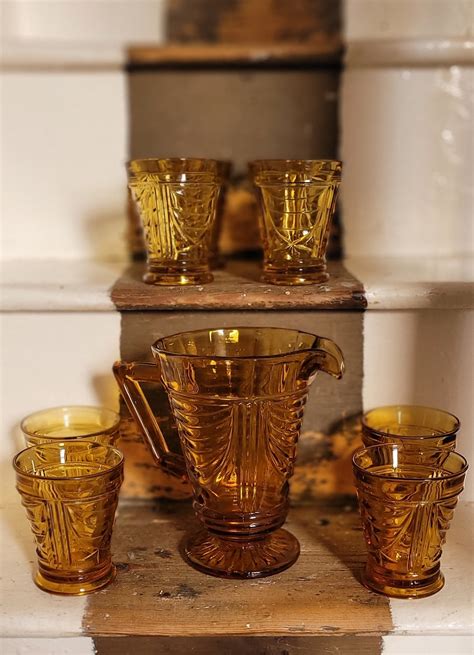 S Sowerby Art Deco Amber Glass Jug And Glasses English Vintage