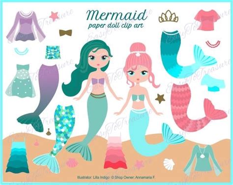 Mermaid Paper Doll, Printable Paper Doll, Mermaid Clip Art, Paper Doll Clipart, Fashion Clipart ...