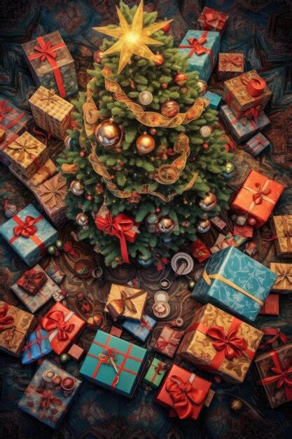 Premium Ai Image Top View Of Christmas Tree Surrounded By Wrapped