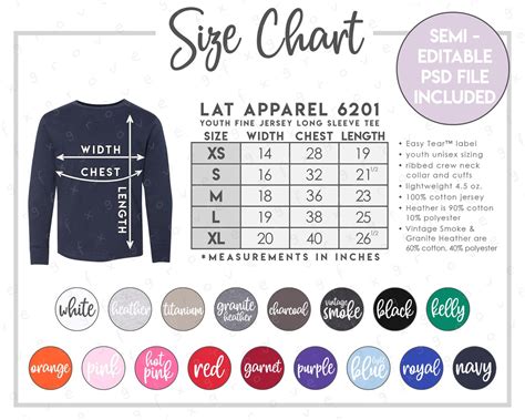 Semi Editable Lat Apparel Size Color Chart Lat Etsy