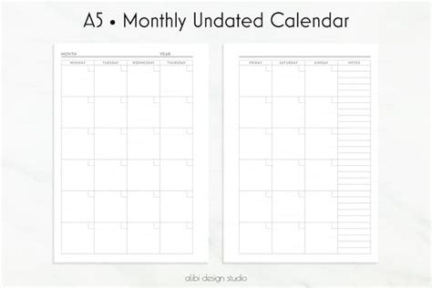 A5 Calendar Planner Inserts Monthly Planner By Alibidesignstudio