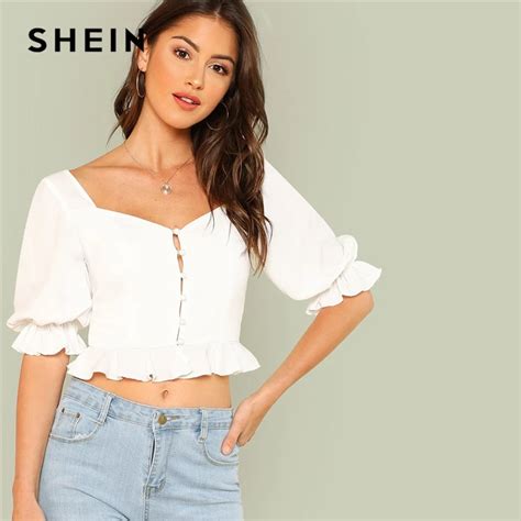 Shein White Sexy Club Pearl Detail Ruffle Flounce Sleeve V Neck Womens Tops And Blouses Trim