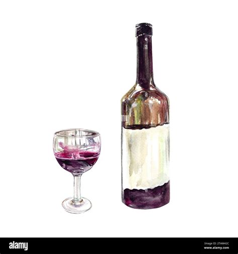 Bottle Of Red Wine Glass Goblet With Wine Watercolor Illustration