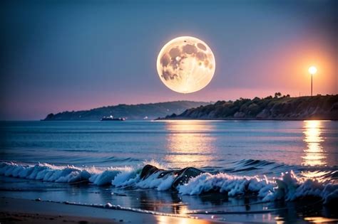 Premium AI Image A Full Moon Over The Ocean With A Beach In The