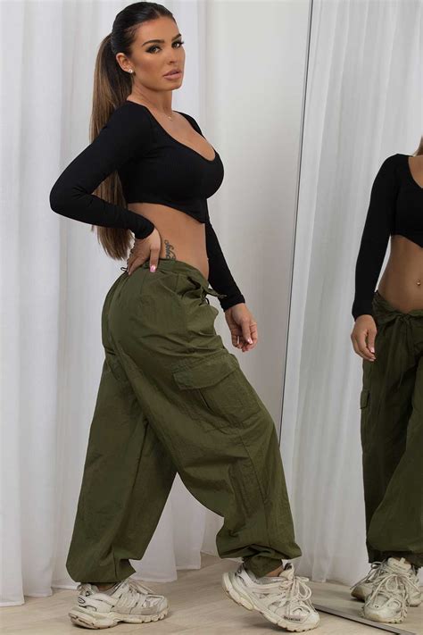 Womens Parachute Cargo Pants Khaki Festival Outfits Uk