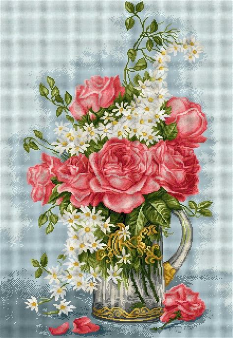 Cross Stitch Pattern Pink Roses And Daisies In A Mug