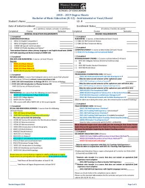 Fillable Online 2018 2019 Degree Sheets Bachelor Of Music Education K