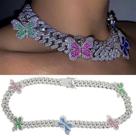 Colorful Enamel Butterfly Charm Choker Necklace 12mm Iced Out CZ