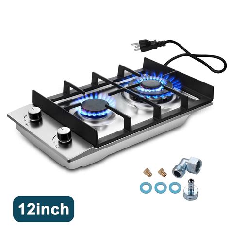 2-Burners 12inch Gas Cooktop Stainless Steel NG/LPG Convertible Built ...