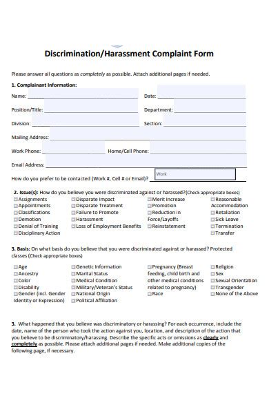 Free Harassment Complaint Forms In Pdf Ms Word