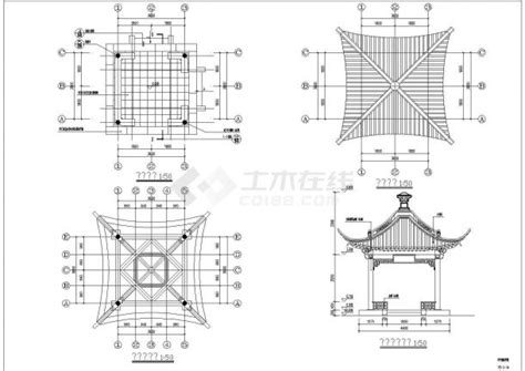 中式仿古与现代木质四角景观亭施工图园林建筑土木在线