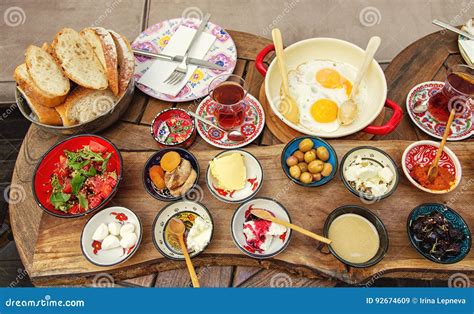 Rich And Delicious Turkish Breakfast On A Round Table Stock Image