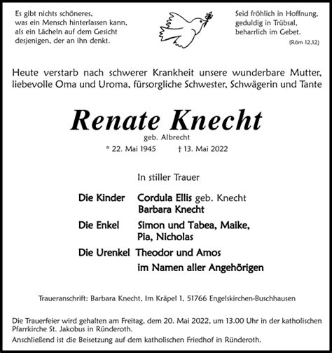 Traueranzeigen Von Renate Knecht Wirtrauern