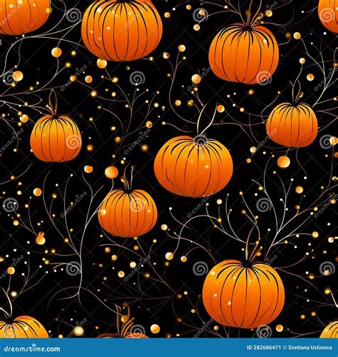 Seamless Pattern Of Orange Pumpkins On Black Background Stock