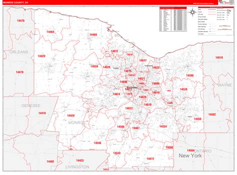 Monroe County Ny Zip Code Wall Map Red Line Style By Marketmaps Mapsales