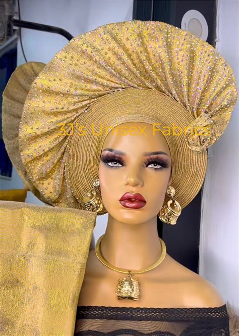 Embellished Aso Oke Auto Gele Ipele And Fila Ready To Wear Gele