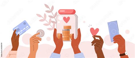 People Hands Holding Donation Jar With Coins And Donating Money For