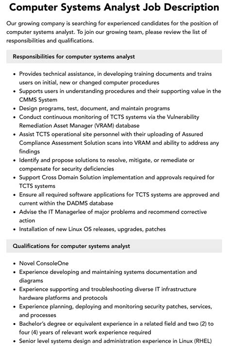 Computer Systems Analyst Job Description Velvet Jobs