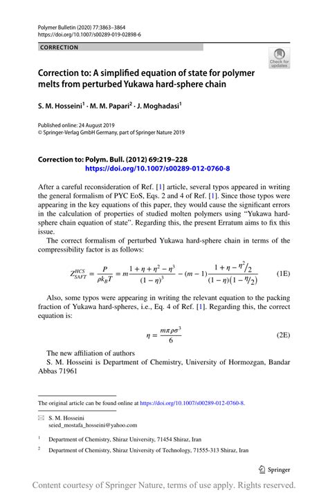 Correction To A Simplified Equation Of State For Polymer Melts From