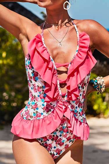 Ruffle Hem Floral Print One Piece Swimwear One Piece Swim