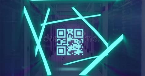 Image Of Qr Code And Neon Shapes Over Computer Servers Stock