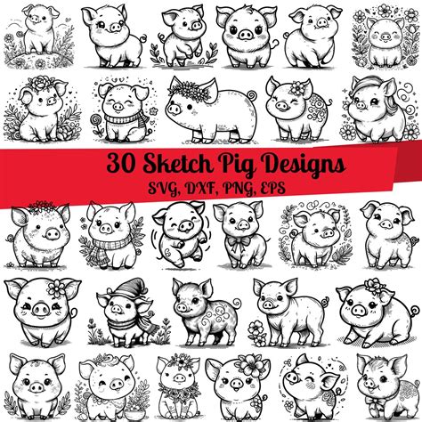 30 Sketch Pig SVG Bundle Floral Pig Svg Pig Line Art Cute Pig Svg