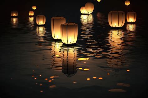 Premium Ai Image Paper Lanterns Float On Dark Water Traditional