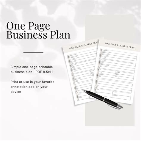 One Page Business Plan Printable PDF Business Plan Startup Printable ...