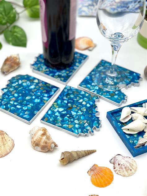 Resin Geode Coaster Ocean Shells Coasters Blue Coasters Resin Etsy