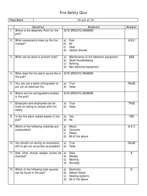 Fire Safety Quiz Answers 28 04 10