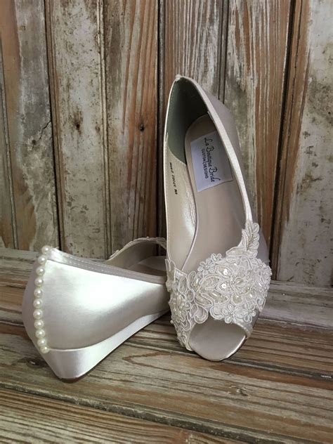 Open Toe Lace Beaded Low Wedge Satin And Lace Bridal Shoe Peep Toe Lace Wedding 1 Heel W