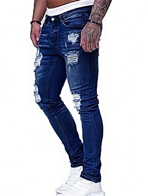 Manfinity LEGND Men Ripped Skinny Jeans Slim Fit Long Dark Wash Jean