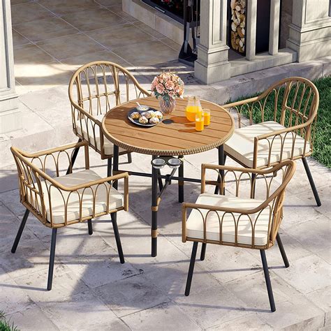 Dwvo 5 Pcs Outdoor Dining Set 4 Rattan Wicker Chairs And Table For 6