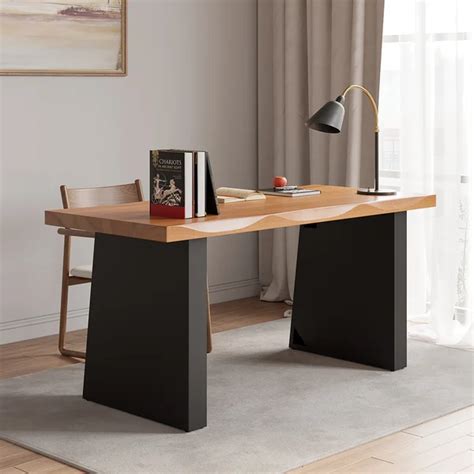 Industrial Natural Black Rectangular Office Desk Sturdy Pine Wood