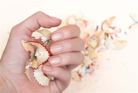 Female Hand With Nude Nail Design Holding Pencil Shavings Stock Image Image Of Nail Nails