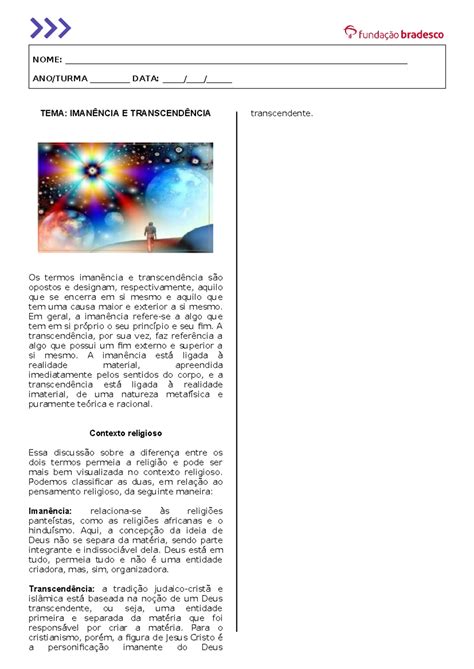 Imanência E Transcendência Ensino Religioso 9o Ano - 9º ANO Atividade Ensino Religioso: Imanência e Transcendência - Studocu