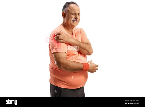 Mature Man In Sportswear With Red Inflamed Shoulder Isolated On White