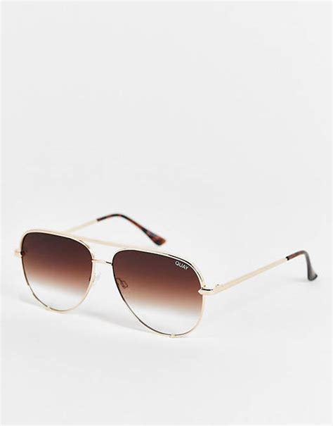 Quay High Key Aviator Sunglasses In Gold Brown Asos