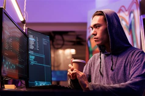 Hacker asiático tomando café y realizando ataques ddos en un sitio web