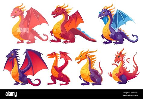 Set Vector Illustration Of Colorful Magic Cute Dragons Isolate On White Background Stock Vector